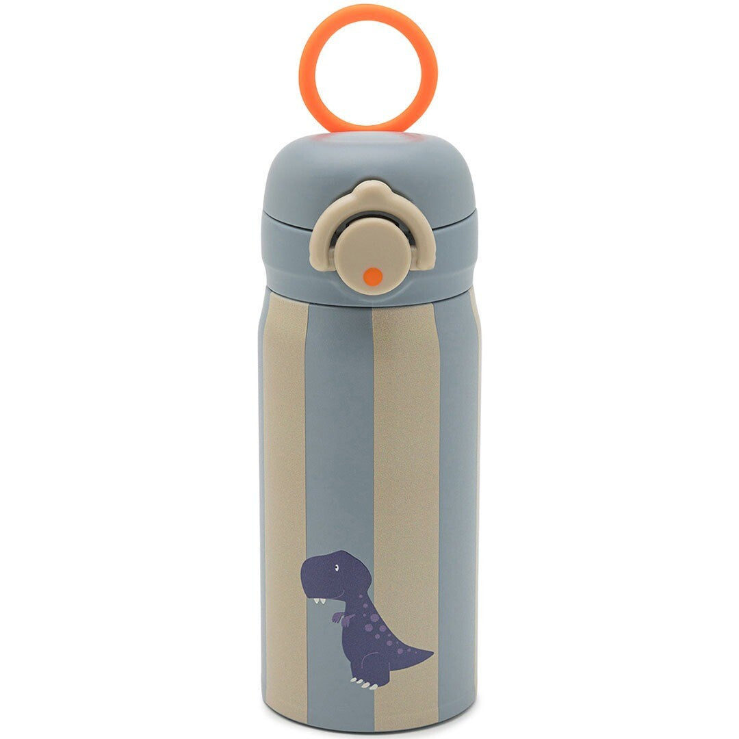 Noui noui rvs thermosfles met blauw-beige strepen, een paarse dino en oranje ring.