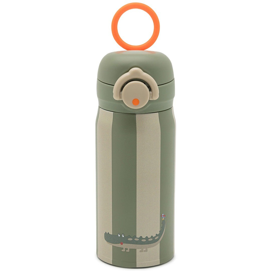 Noui noui kinderthermosfles met groene en beige strepen en een krokodil.