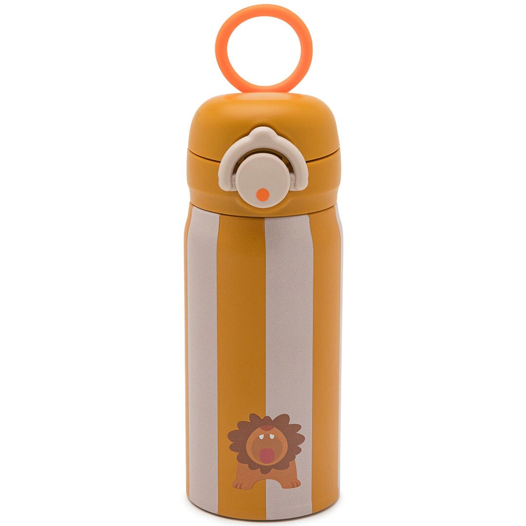 Noui noui rvs thermosfles voor kinderen met geel-witte strepen en een leeuw.