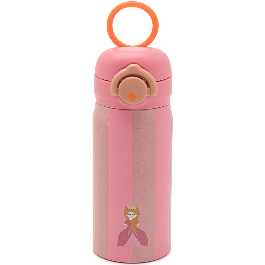 Roze gestreepte noui noui rvs thermosfles met een prinsesfiguur en oranje handvat.