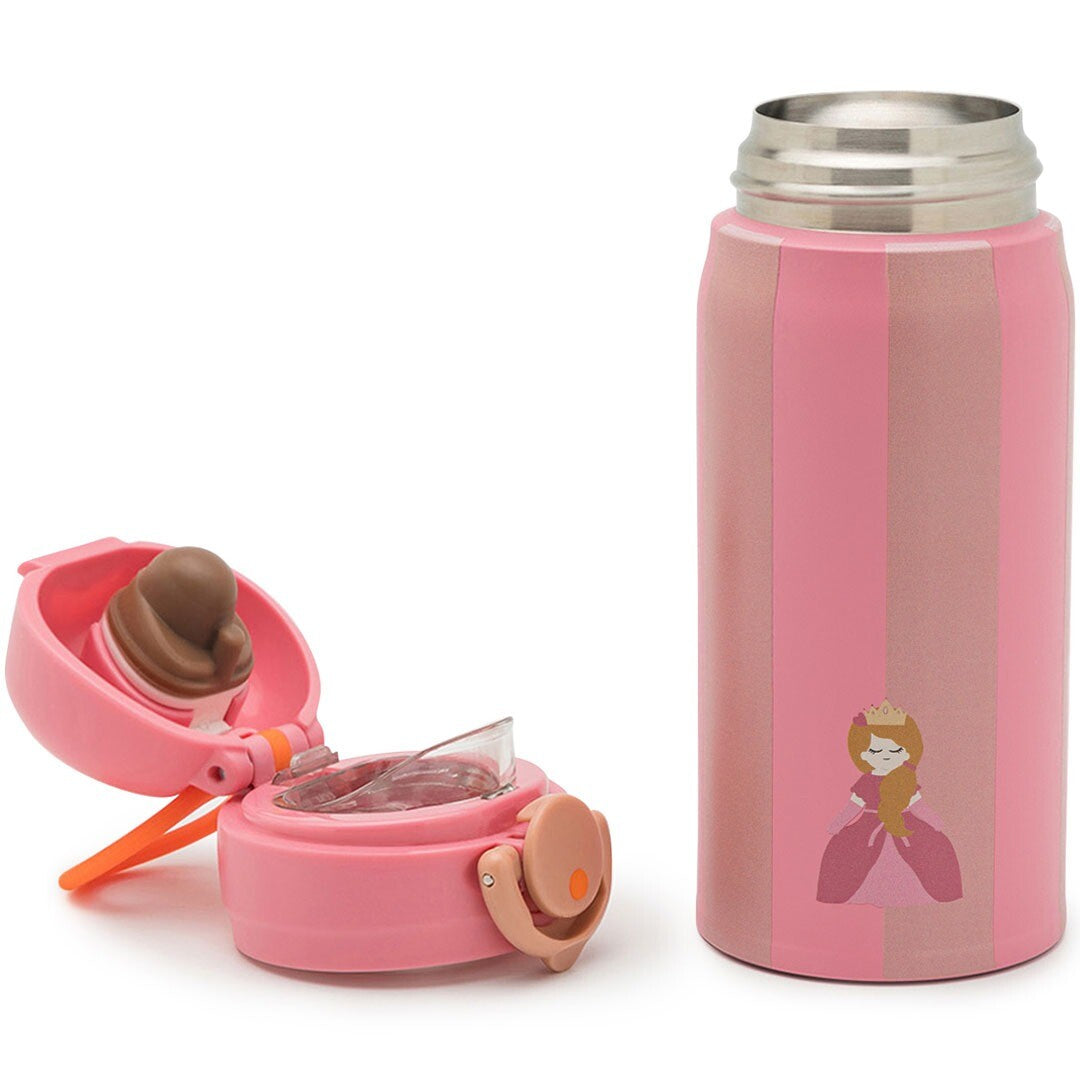 De roze gestreepte noui noui rvs thermosfles met prinsesfiguur en de losse roze drinktuit.