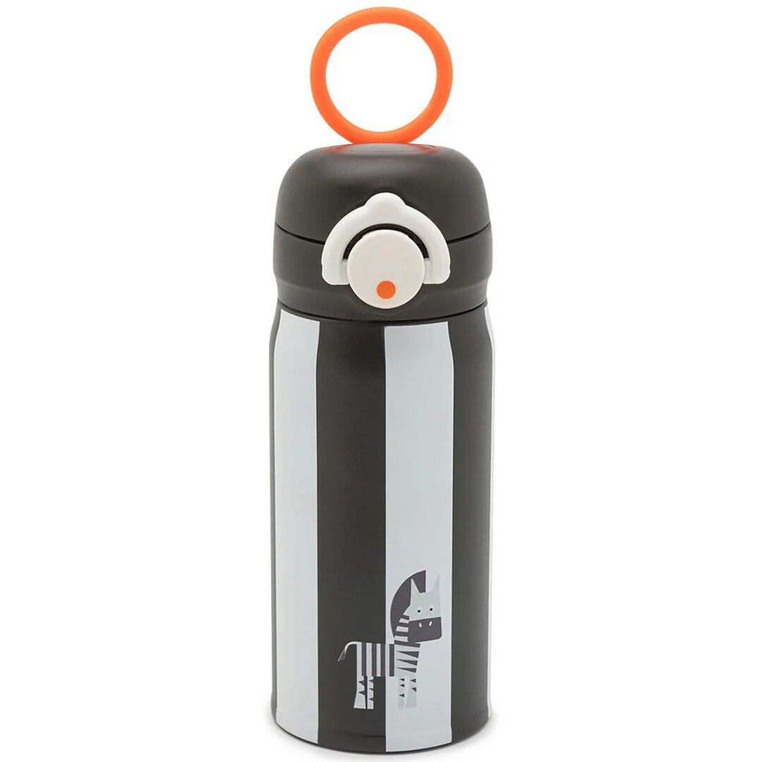 Noui noui rvs thermosfles met zwart-witte strepen, een zebra-illustratie en een oranje ring aan de dop.