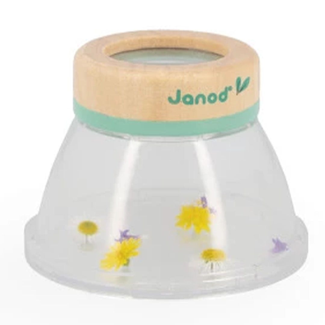 Janod kijkglas met houten rand en transparante behuizing, gevuld met kleine bloemetjes.