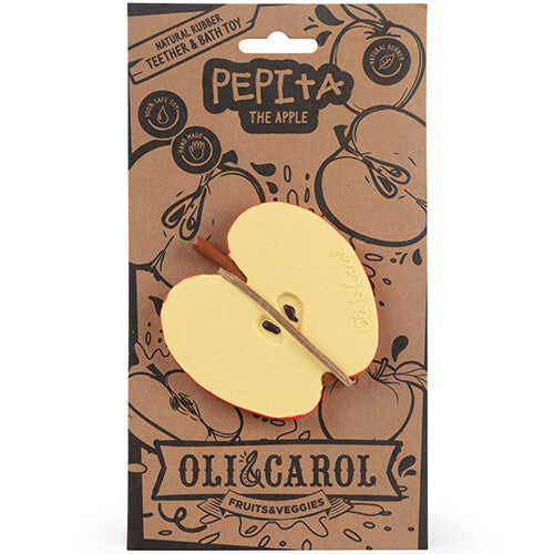 De verpakking van het Oli & Carol bijtspeelgoed in de vorm van een appelhelft.