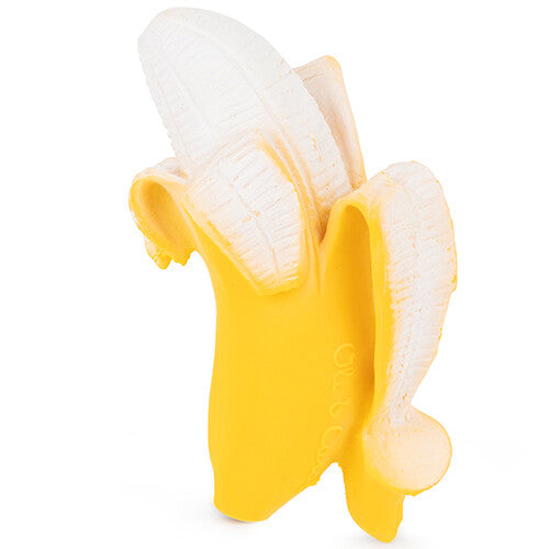 Oli & Carol bijtspeelgoed in de vorm van een gele, deels gepelde banaan.