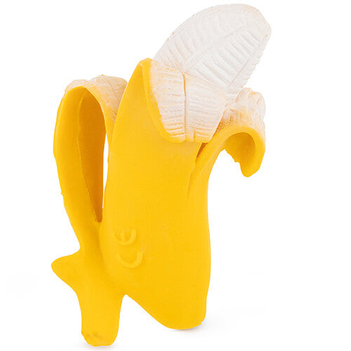 Oli & Carol bijtspeelgoed in de vorm van een gele, deels gepelde banaan, met CE-markering.