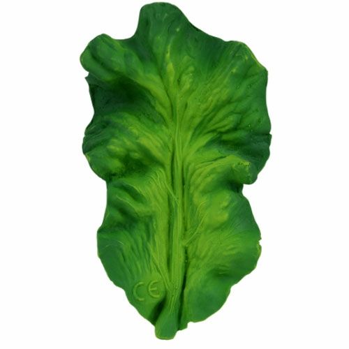 Achterkant van het groene boerenkoolblad bijtspeelgoed met CE-markering.