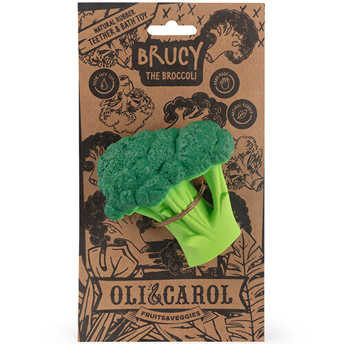 De Oli & Carol broccoli bijtspeelgoed in de kartonnen verpakking met productinformatie.