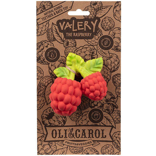 De verpakking van het Oli & Carol Valery the Raspberry bijt- en badspeelgoed.