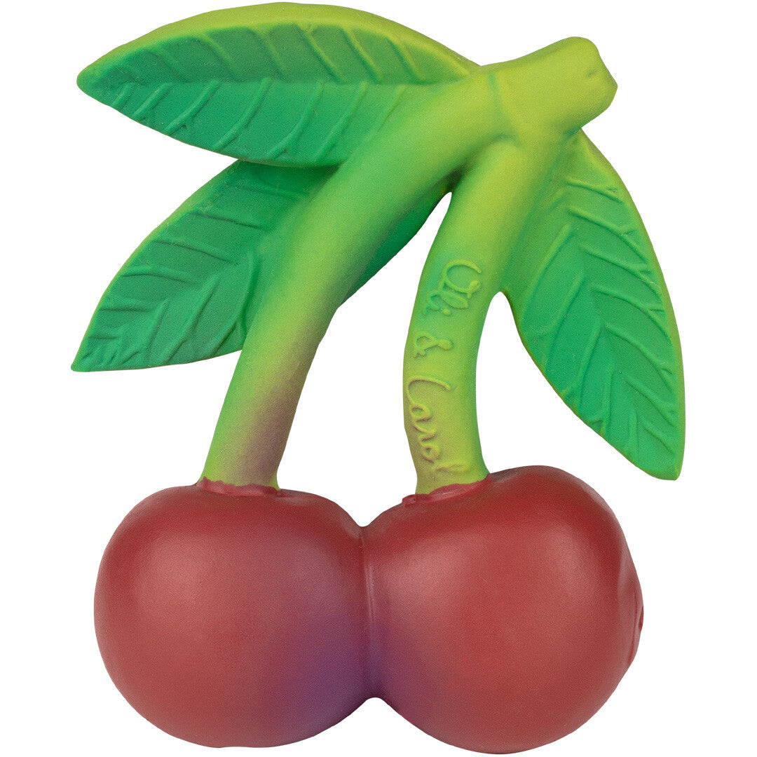 Oli & Carol bijtspeelgoed van rubber in de vorm van twee rode kersen met groene bladeren.