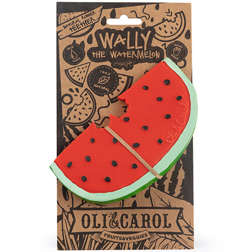 De Oli & Carol watermeloen bijt- en badspeelgoed op de bruine productverpakking.