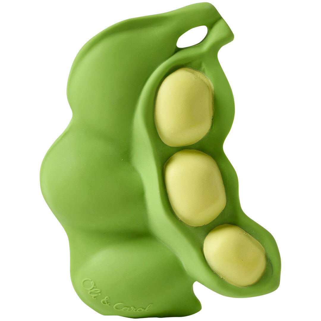 Oli & Carol edamame bijtspeeltje voor baby's, groen met drie gele 'erwten' erin.