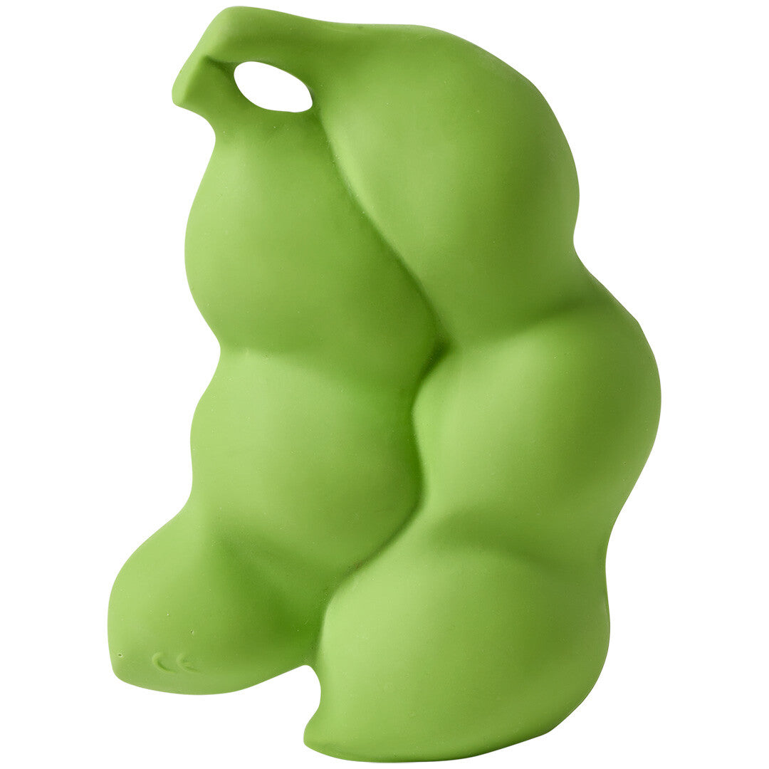 De achterkant van het groene edamame bijtspeeltje voor baby's.