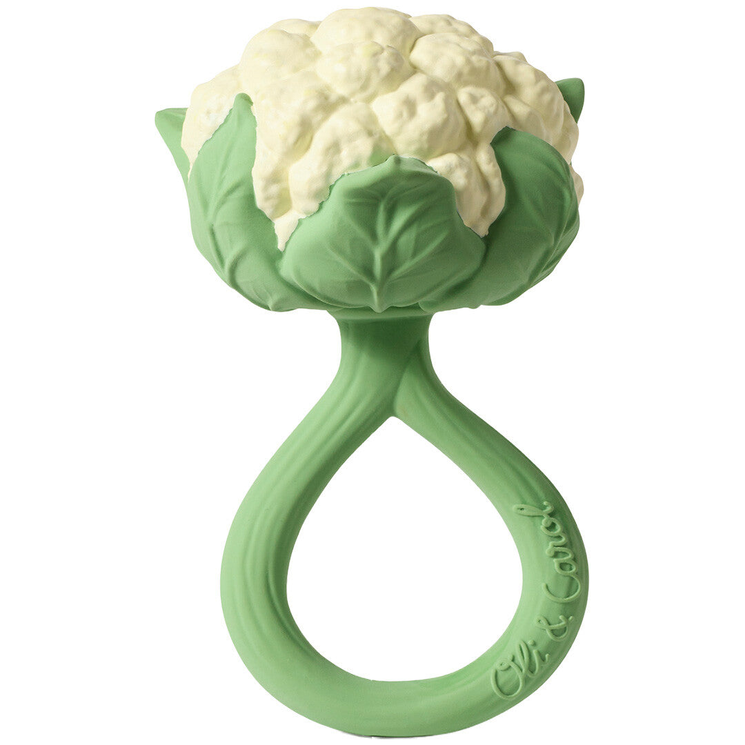 Oli & Carol bloemkool bijtspeelgoed voor baby's met een groen handvat en witte roosjes.