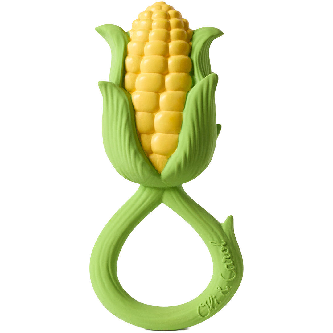 Oli & Carol bijtspeelgoed in de vorm van een gele maïskolf met groene bladeren en steel.