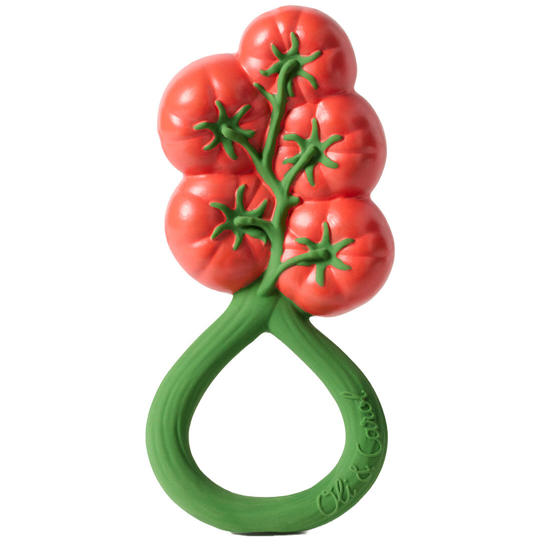 Oli & Carol tomaten rammelaar en bijtring in de vorm van een tros rode tomaten met groene steel.