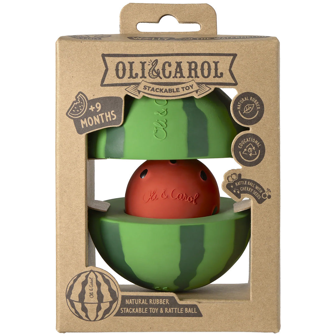 De verpakking van het Oli & Carol 3-in-1 watermeloen stapelspeelgoed.