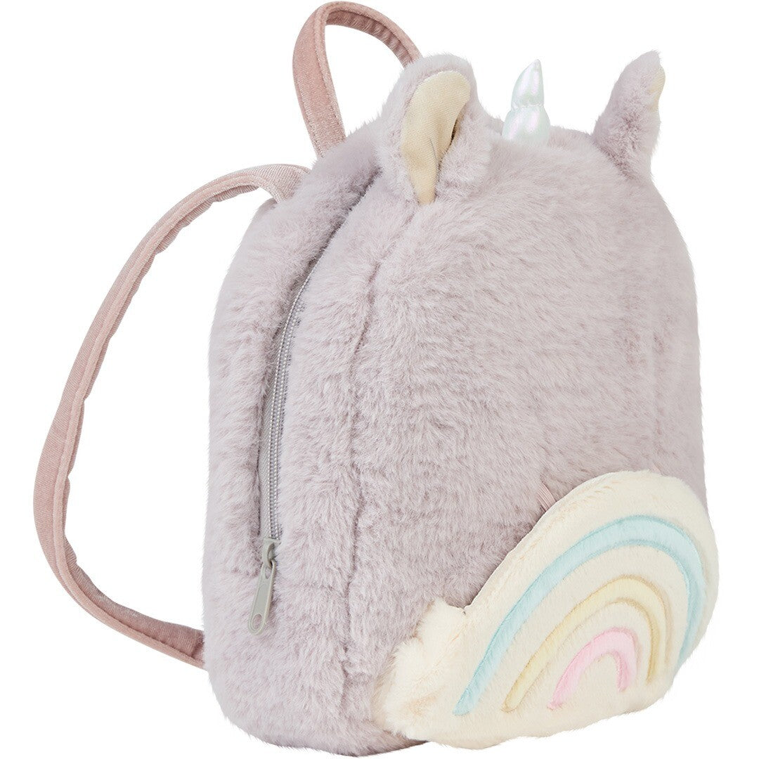Zijaanzicht van de Olli Ella lila eenhoorn kleuterrugzak met rits en regenboog.