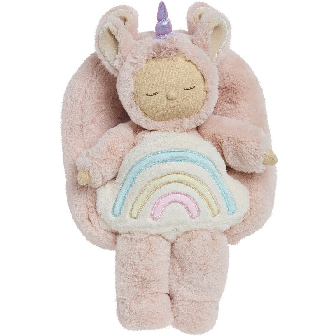 Olli Ella roze fluwelen eenhoorn kleuterrugzak met een pop in een eenhoornpakje en regenboog op de buik.