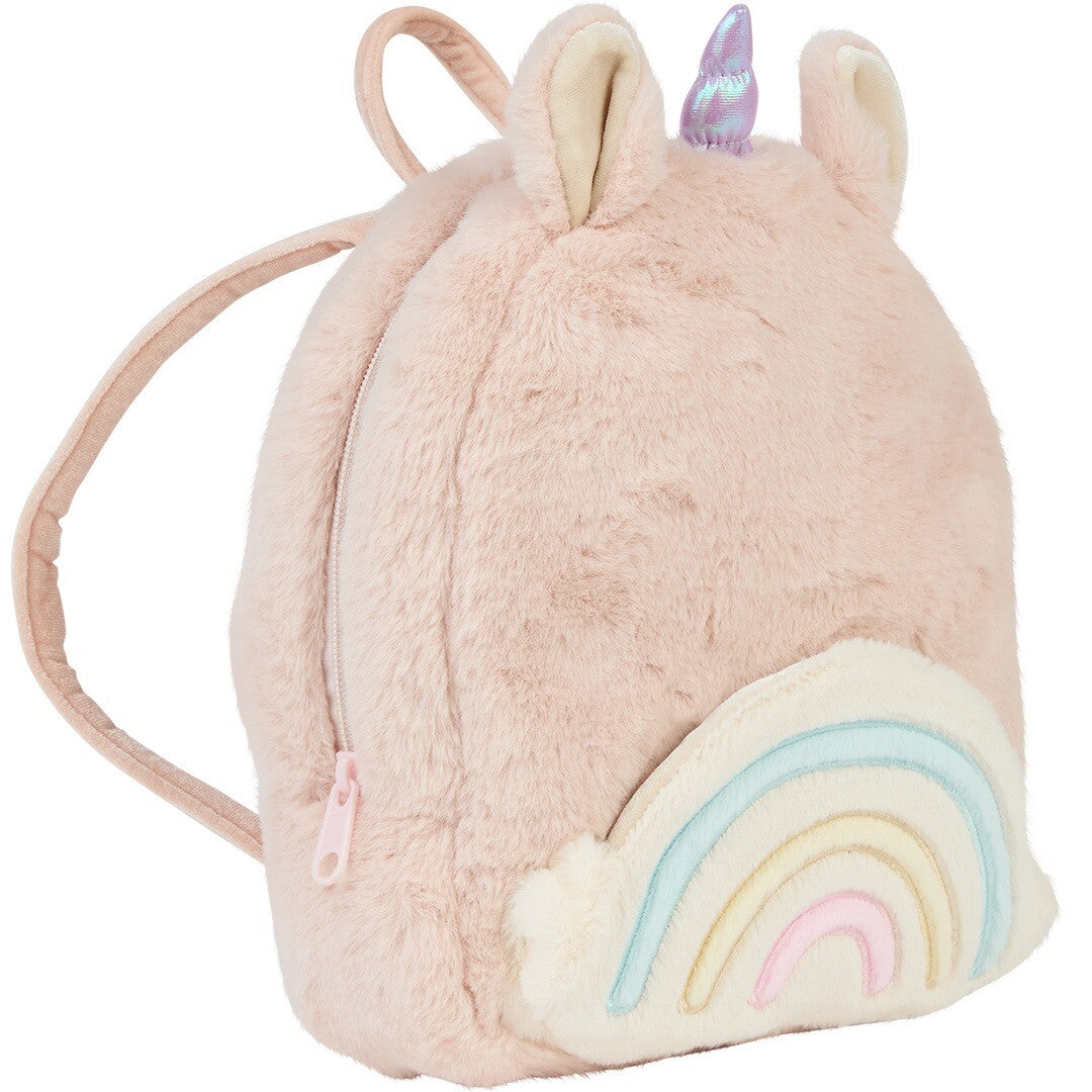 Schuine weergave van de Olli Ella roze fluwelen eenhoorn kleuterrugzak met regenboog en zijrits.