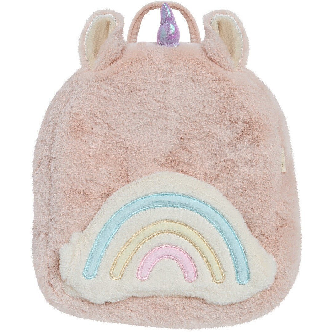 Olli Ella roze fluwelen eenhoorn kleuterrugzak met regenboog op de voorkant.
