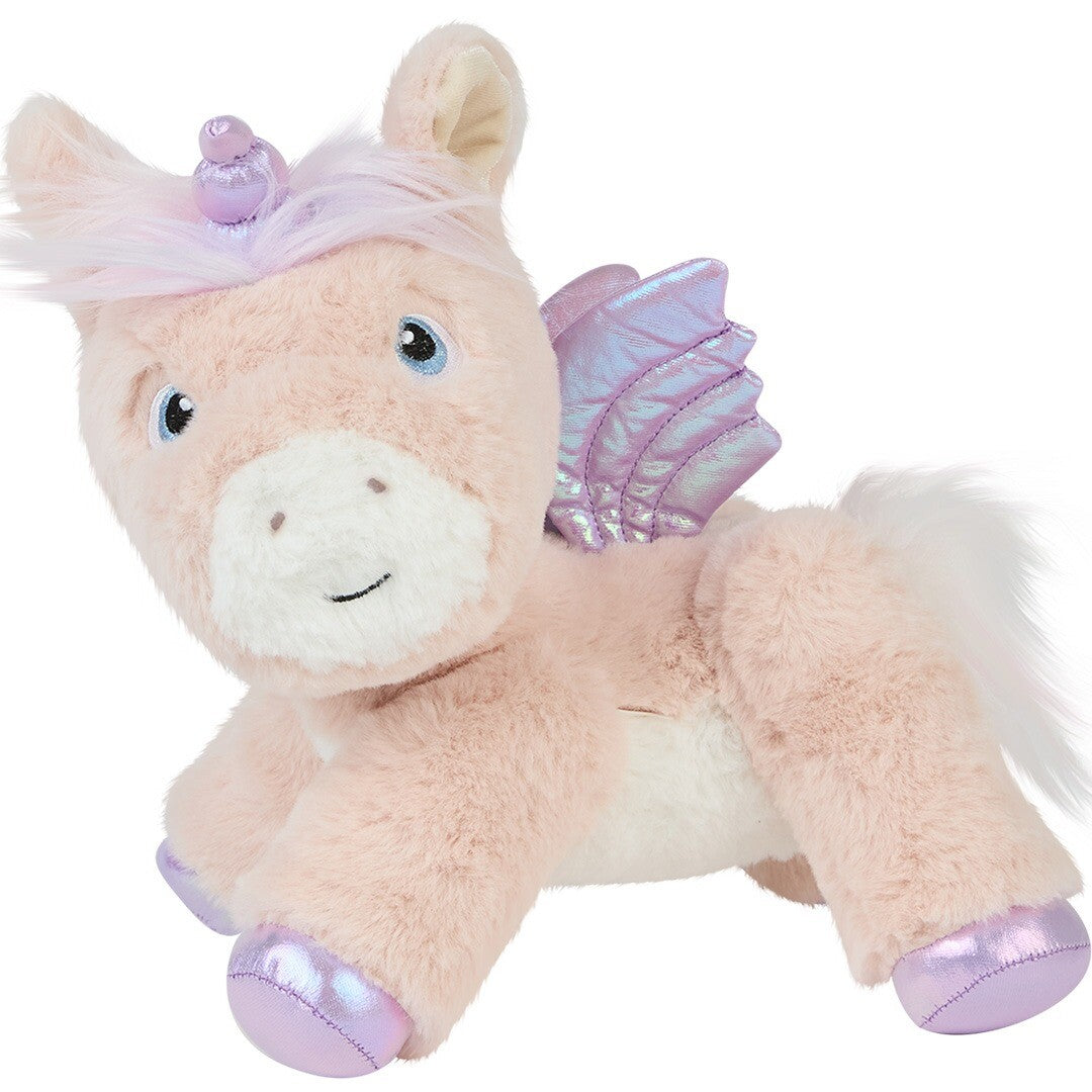 Olli ella pluchen eenhoorn knuffel in roze met paarse vleugels, liggend.