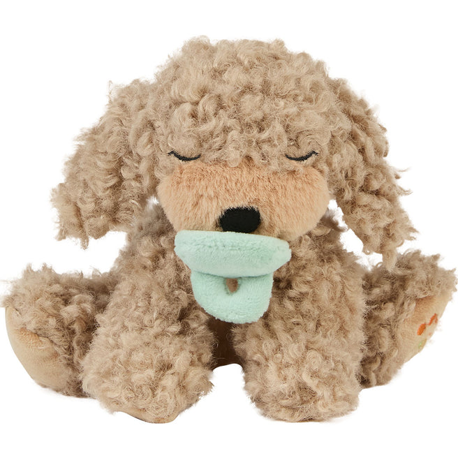 Olli Ella knuffelhond Dinkum Puppy Benny, een beige pluchen puppy met gesloten ogen en een mintgroene speen in de mond.