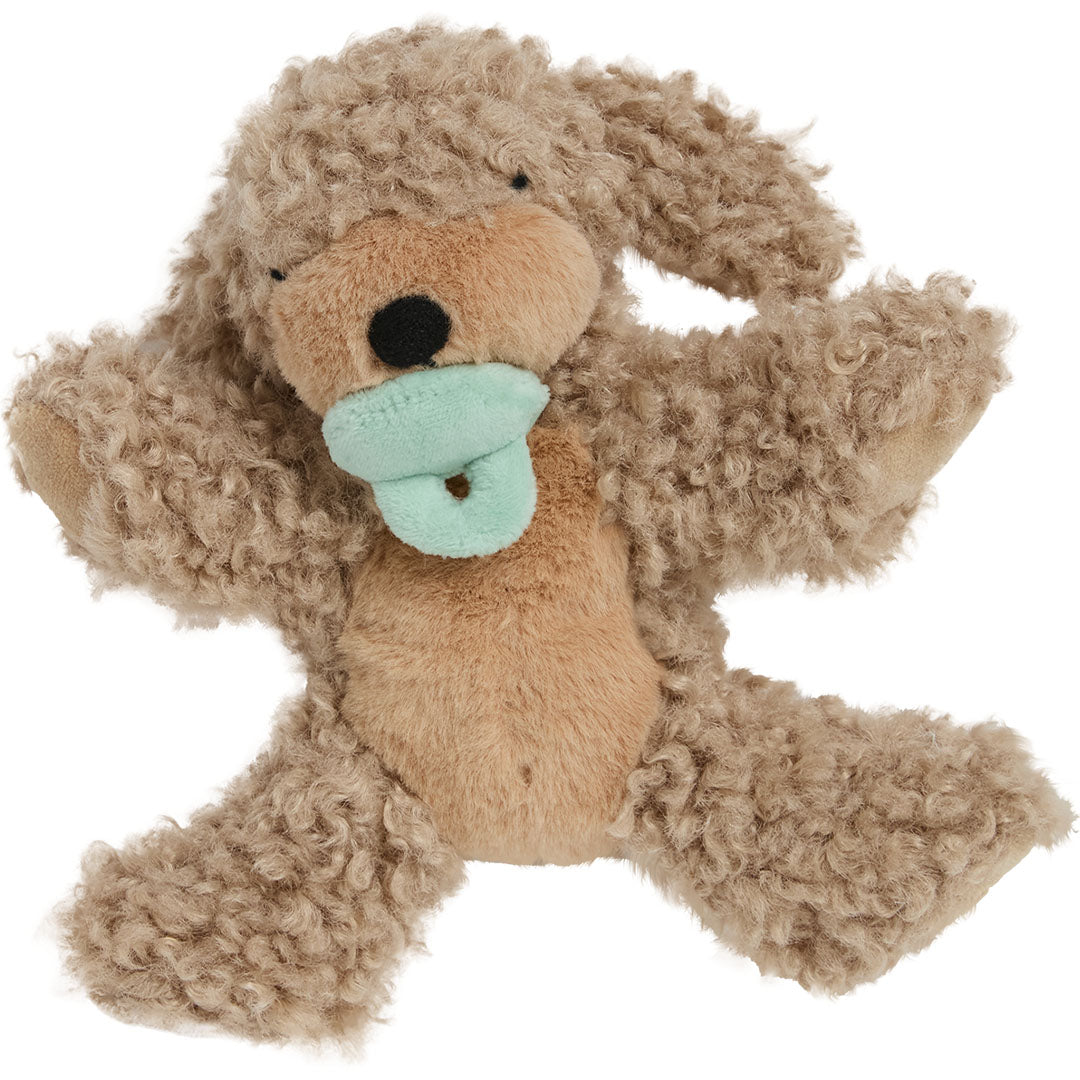 Olli Ella knuffelhond Dinkum Puppy Benny, een beige pluchen puppy die op zijn rug ligt met gespreide poten en een mintgroene speen.
