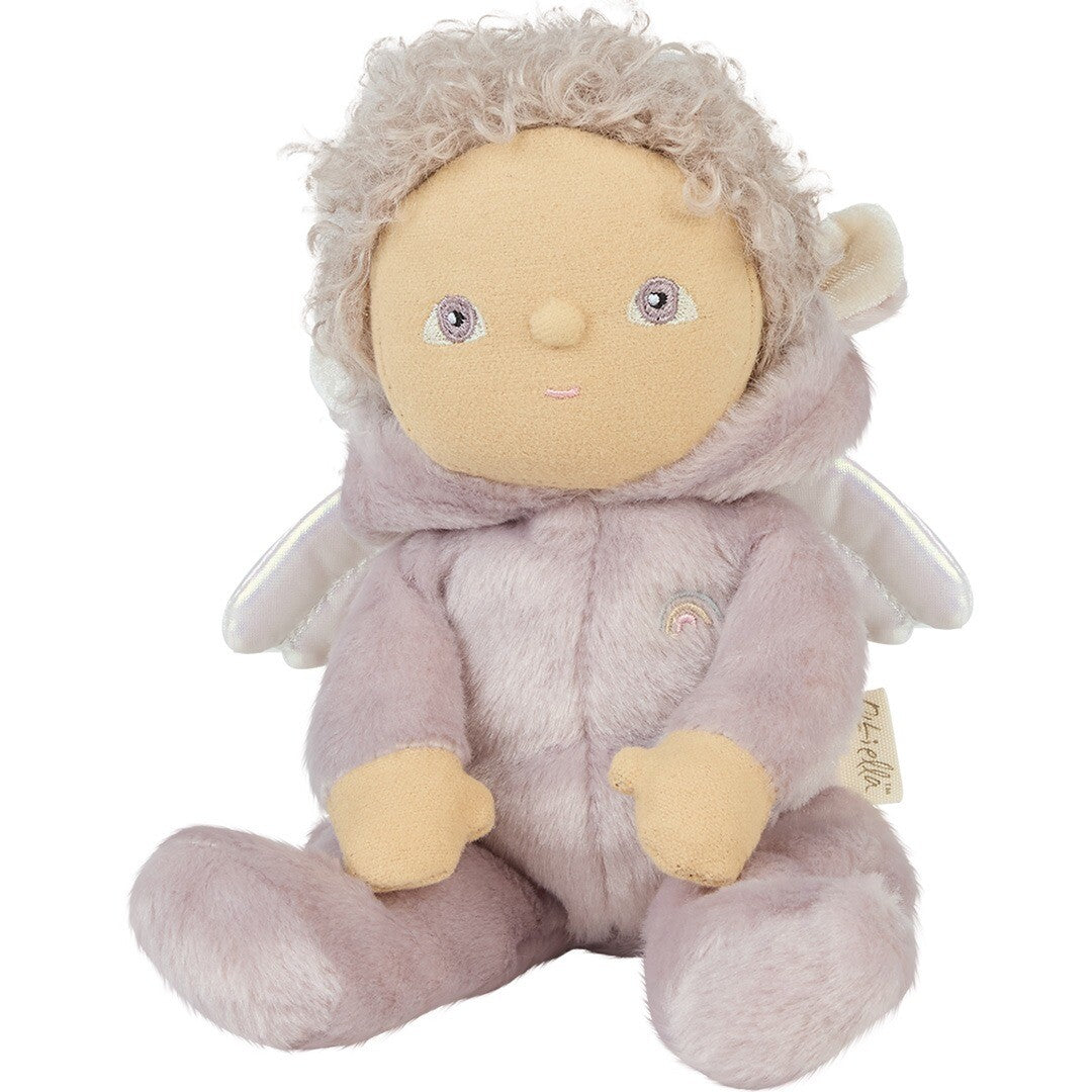Olli ella lappenpop Uma Unicorn, een paarse pluche babypop met een eenhoornhoorn en regenboogje op de borst.