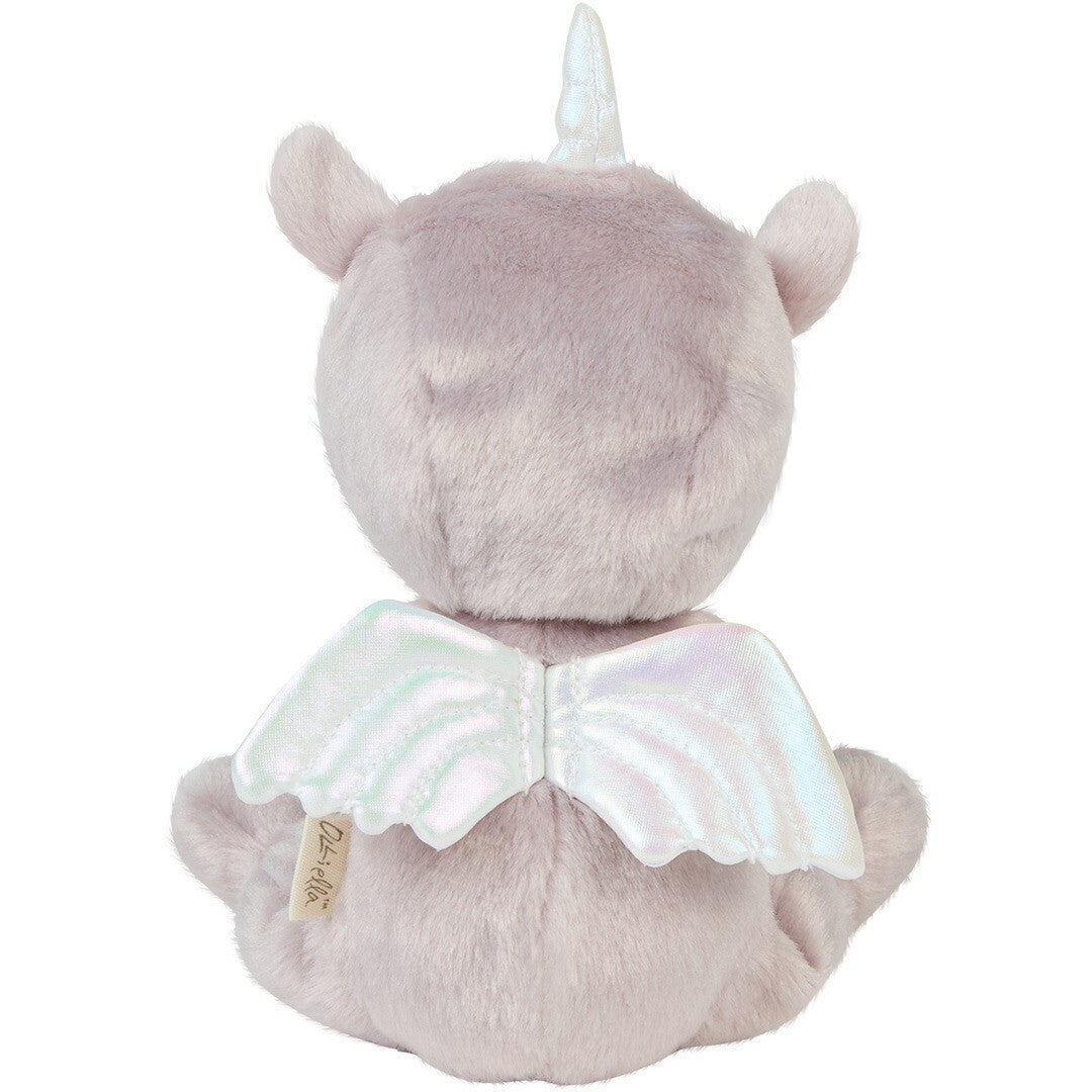 Achterkant van de olli ella Uma Unicorn lappenpop met iriserende vleugels en eenhoornhoorn.