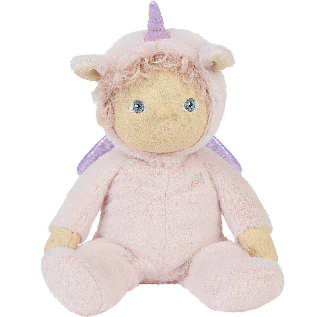 Olli Ella lappenpop Una Unicorn in roze eenhoornpakje met blauwe ogen.