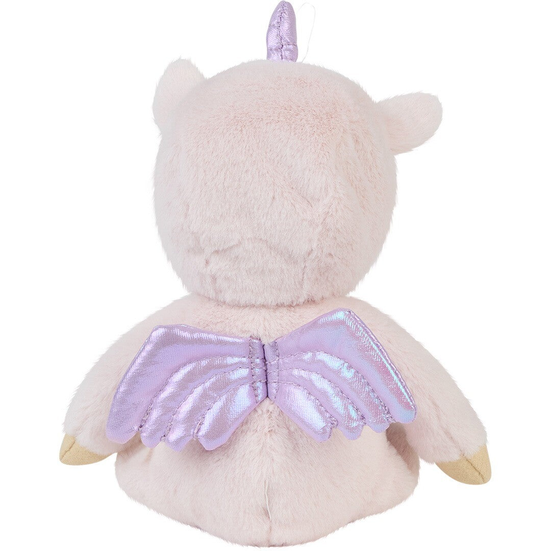 Achteraanzicht van de Olli Ella lappenpop Una Unicorn met glimmende paarse vleugels.