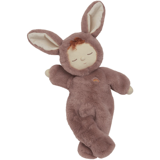 Olli Ella lappenpop Cozy Dinkum Bunny Pickle, een roze pluchen pop met konijnenoren en een regenboog op de borst.