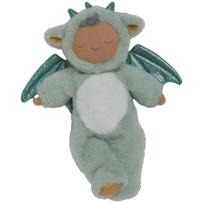 Olli Ella lappenpop Cozy Dinkum draak in ash green met gesloten ogen en glittervleugels.
