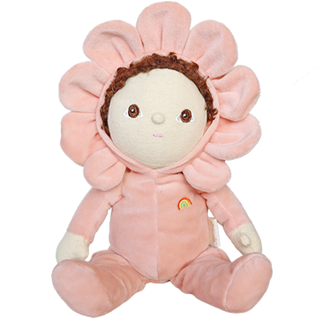 Olli Ella lappenpop in een roze bloemenpakje met een regenboogje op de borst.