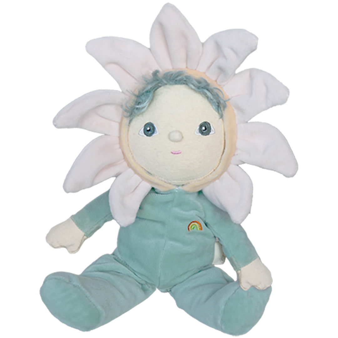 Olli Ella lappenpop Dinky Dinkum Lily met bloemhoofd en groene outfit met regenboogpatroon.