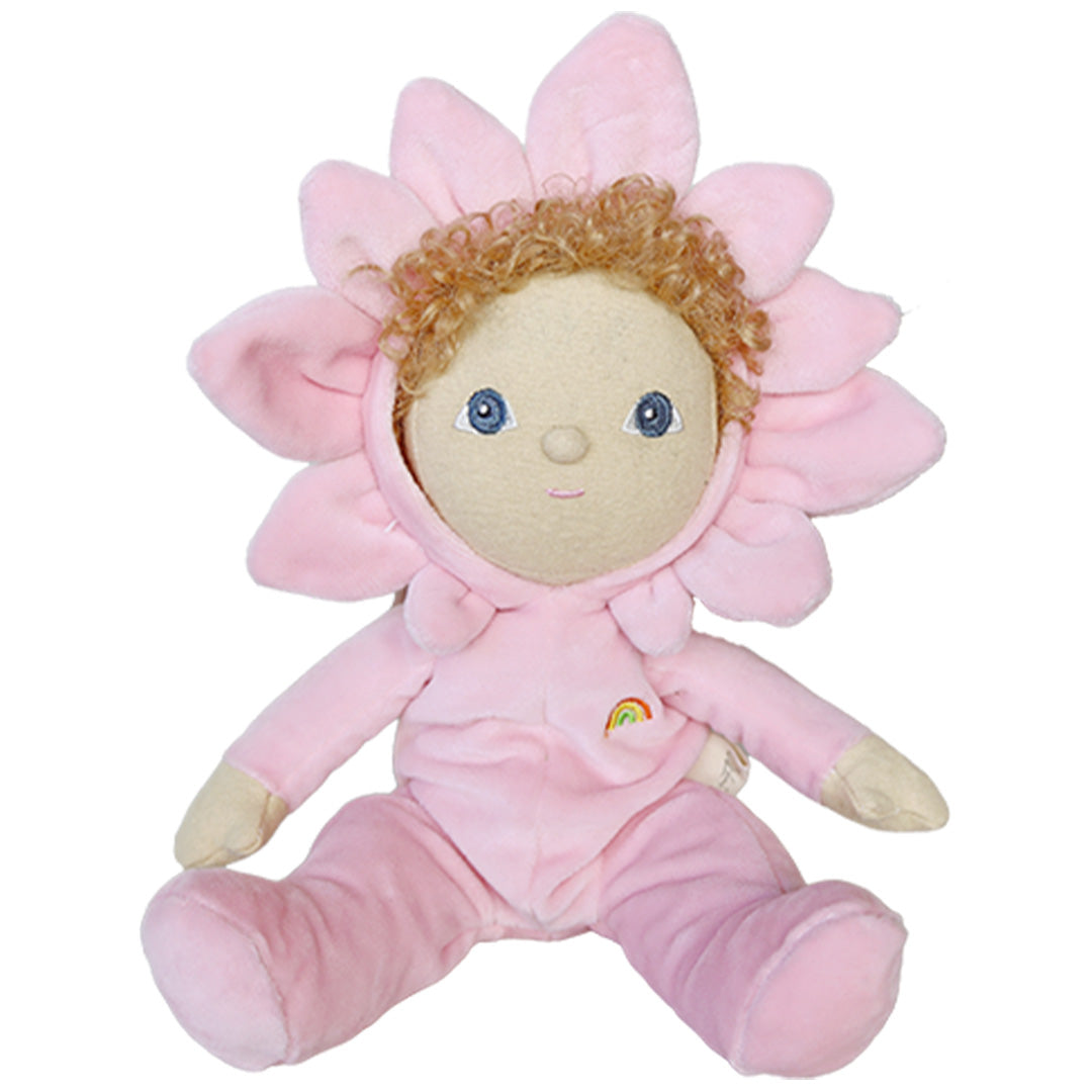 Olli Ella pluchen lappenpop in roze bloemenpak met regenboogpatroon.