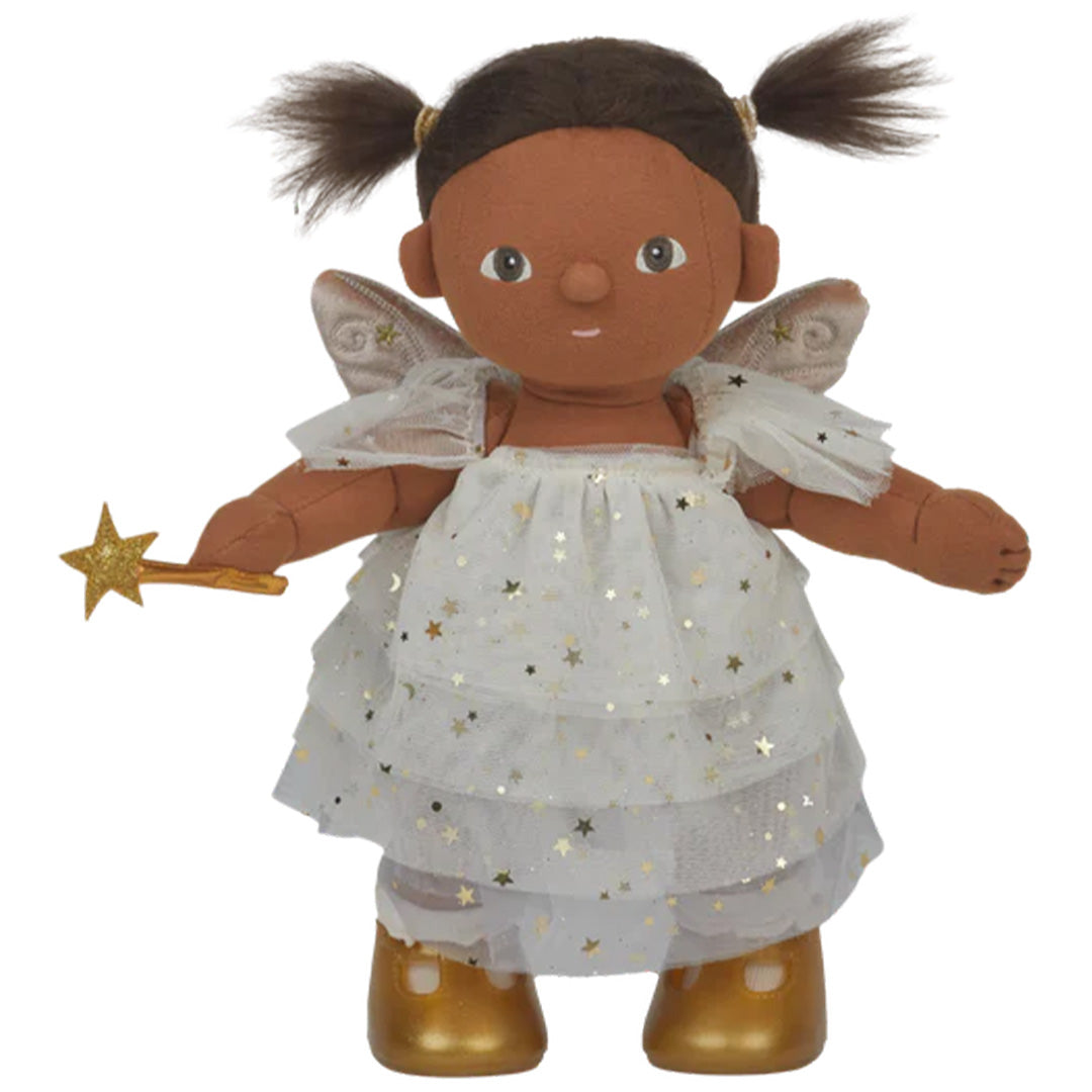Olli Ella lappenpop Dream Dinkum Doll Fairy Freya Pearl met witte sterrenjurk, vleugels en toverstafje.