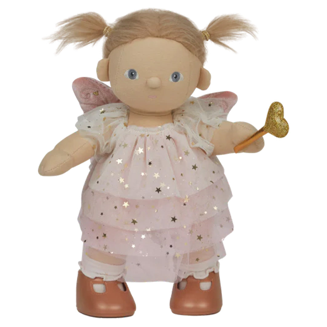 Olli Ella lappenpop Dream Dinkum Doll Fairy Willow Pink met roze sterrenjurk en toverstaf.