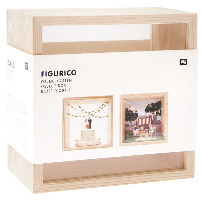 Verpakking van de Rico Design objectdoos met voorbeelden van een bruilofts- en marktscène.