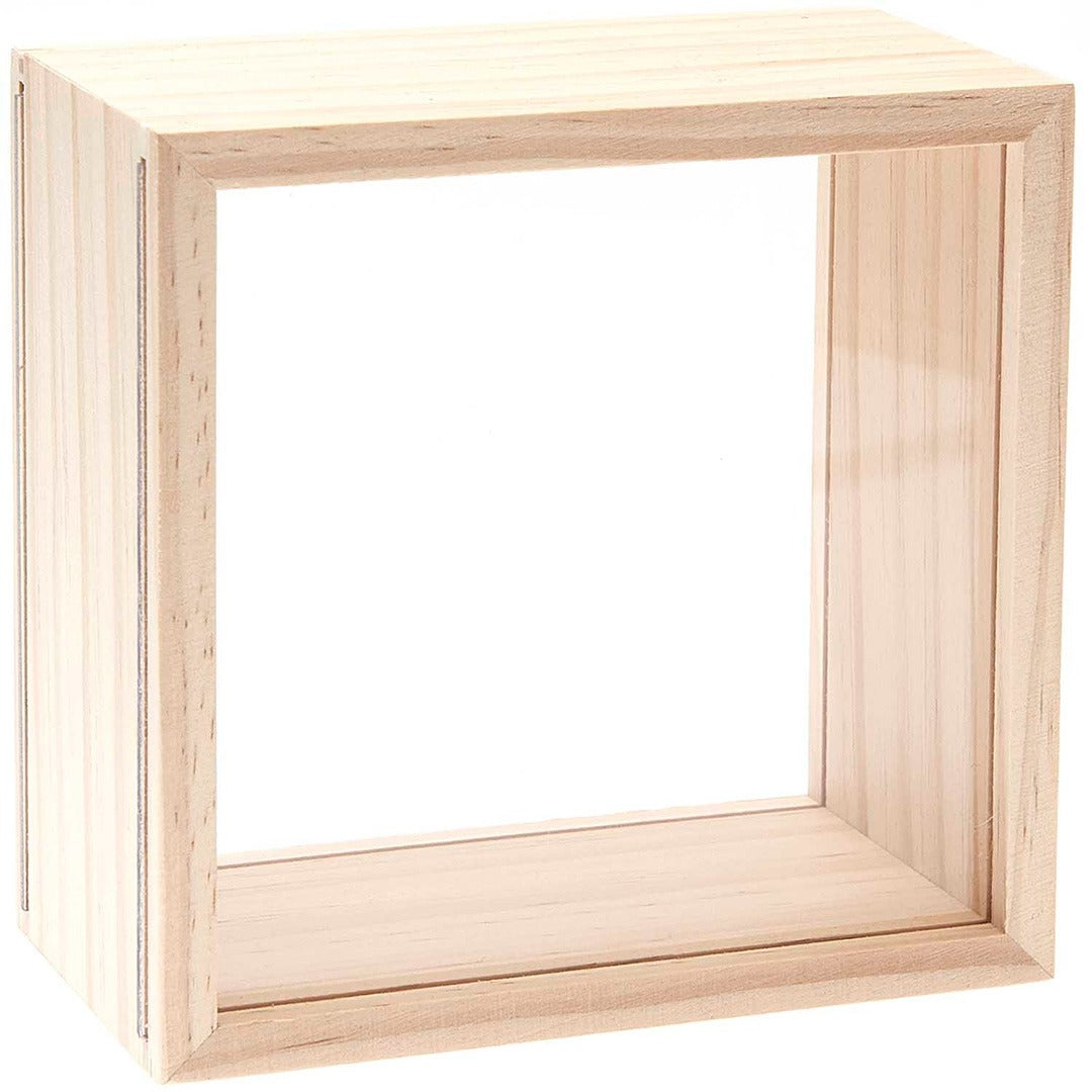 Lege houten objectdoos omlijsting met twee acrylschijven.
