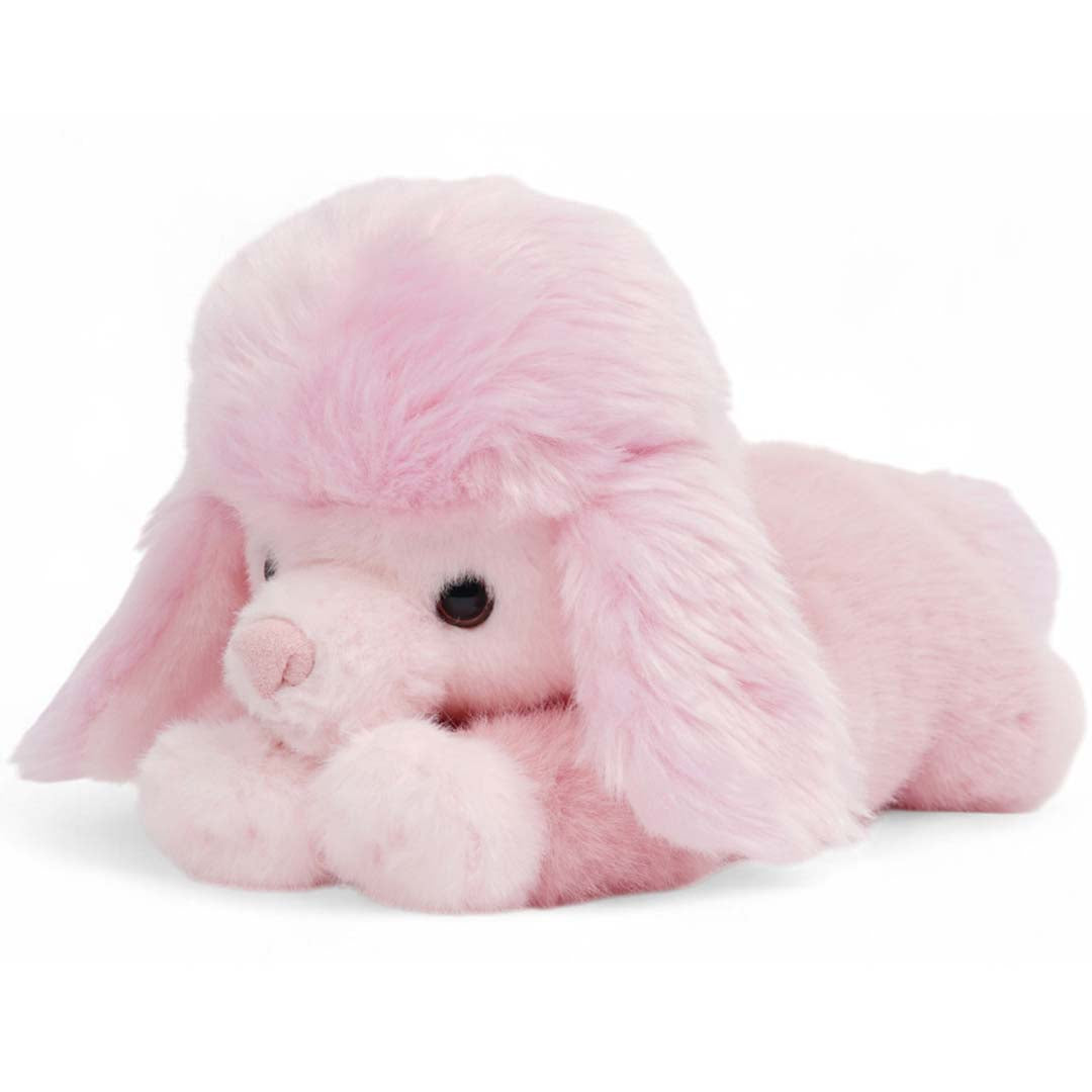 One Love roze verzwaarde pluchen poedel knuffel ligt op zijn buik met de kop iets omhoog.