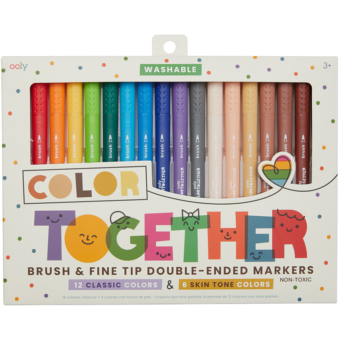De voorkant van de ooly Color Together verpakking met 18 dubbelzijdige viltstiften in diverse kleuren.
