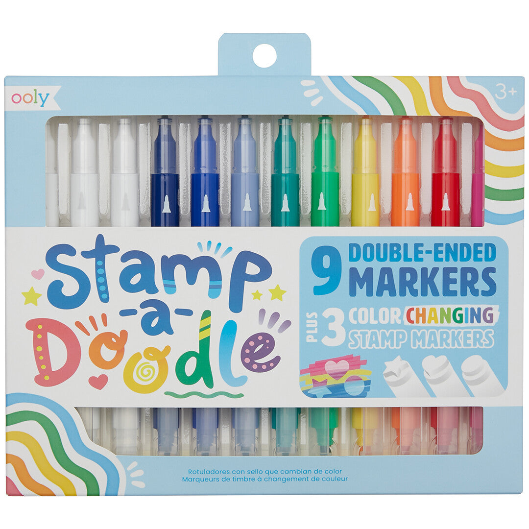 Ooly verpakking van de Stamp-a-Doodle set met 9 dubbelzijdige viltstiften en 3 kleurveranderende stempelmarkers.