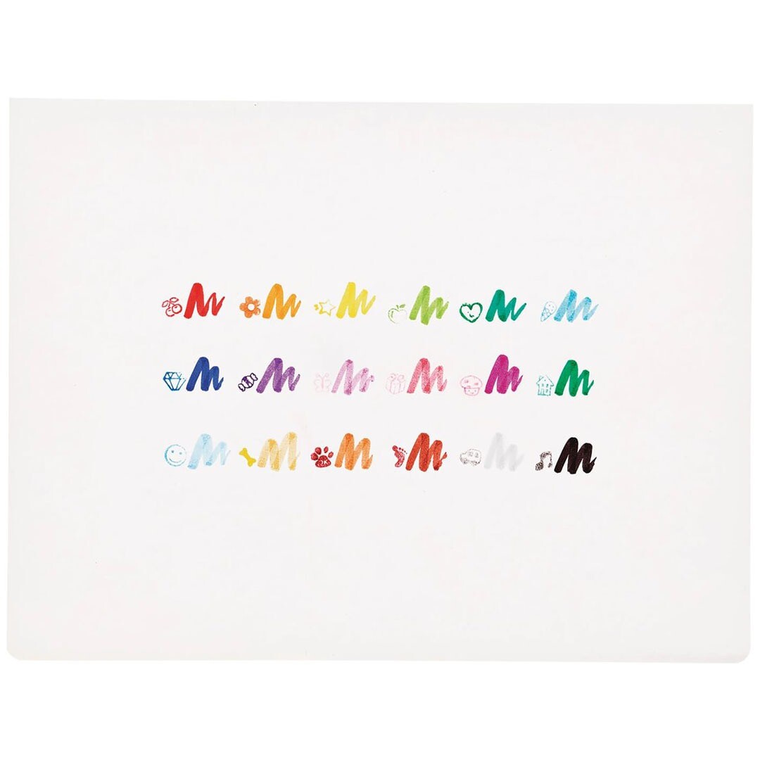 Een witte ondergrond toont voorbeelden van de verschillende kleuren en stempelfiguren van de markers.