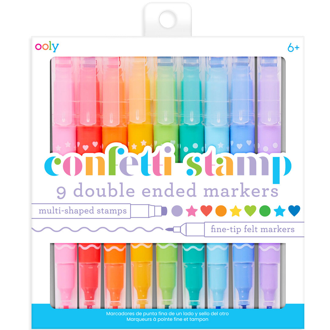 De verpakking van de ooly Confetti Stamp dubbelzijdige viltstiften en stempelmarkers.