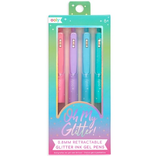 Verpakking van ooly gelpennen glitter met vier pennen in roze, paars, lichtblauw en teal.