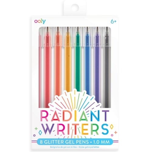 De verpakking van de ooly glitter gelpennen set met 8 regenboogkleurige pennen.