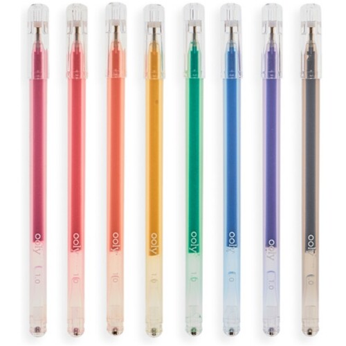Acht ooly glitter gelpennen in regenboogkleuren, verticaal naast elkaar.