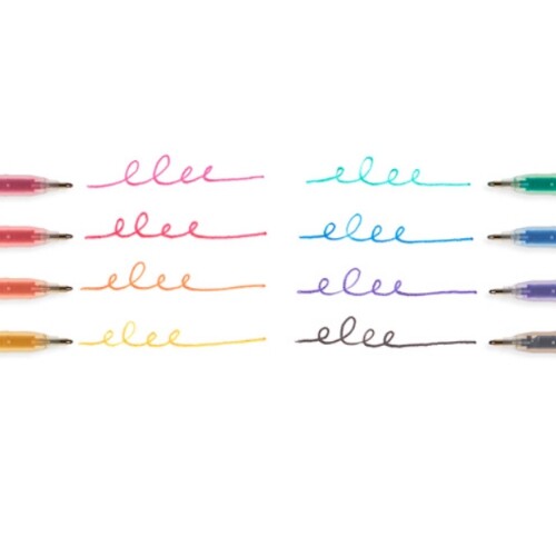 Detail van ooly glitter gelpennen die gekleurde, golvende lijnen tekenen.